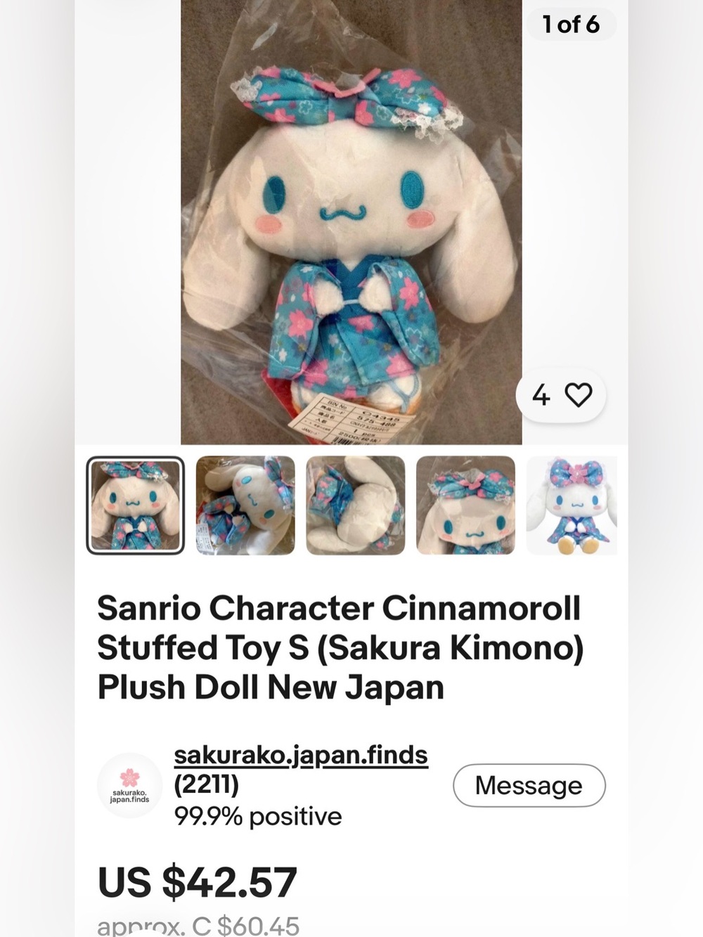 Sanrio Cinnamoroll Plush Toy in Blue Sakura Kimono